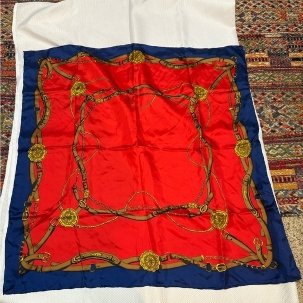 Red and Blue Scarf with Gold Chain Design  33”x33” 100% silk
